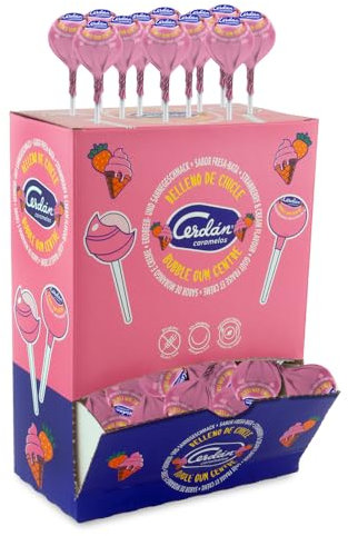 Caramelos Cerdán - Chupa Gigante Relleno de Chicle | Sabor Fresa-Nata Rosa | 100 Unidades | Caramelo Duro con Palo sin Gluten ni Alérgenos | Ideal para Fiestas, San Valentín y Cumpleaños