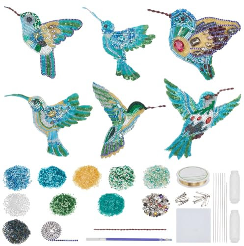 WEBEEDY 6 Sets DIY Kolibri Perlen Patch Kit Vogel Brosche Pin Haar Haarspange machen, Pailletten Perlen Patches Nähen auf Patch Dekoratives Patch Kit für Frühlingskleidung Schuhe Nähen Patchwork