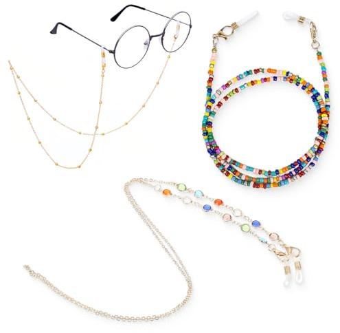 FMYODWU Catena per occhiali in 3 pezzi, regolabile, catena per occhiali con perline multicolore, anello antiscivolo, catena per occhiali da donna, accessori decorativi per uomo e donna, oro
