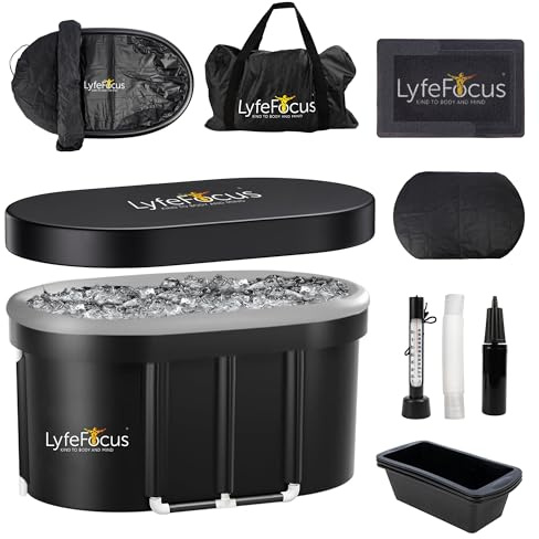 LyfeFocus Cold Therapy Pod – Premium Recovery Ice Bath Tub with Thermometer, Foot Mat, Protection Lid, Groundsheet, Reusable Ice Blocks and Set Up Accessories (Black Base, White Top, XLarge 120cm)