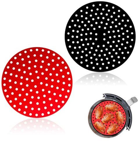 Zovator 2 Stück Silikon AirFryer Liners, Wiederverwendbar Antihaftbeschichtet Luftfritteusen Einlagen, Hitzebeständig, Langlebige, Leicht zu reinigen (Rot, Schwarz)