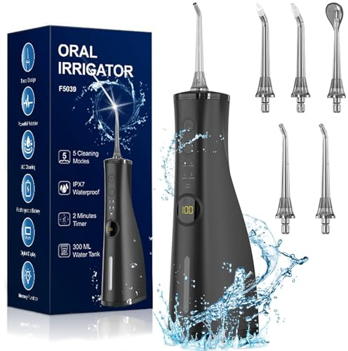 Water Dental Flosser Electric Oral Irrigator 300ML Large Tank 5 Replaceable Jet Tips IPX7 Waterproof Teeth Cleaner Water Flossing Cleaning Picks for Home and Travel