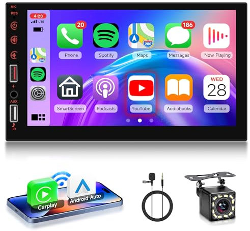 Wireless Carplay Autoradio 2 Din con You-Tube Wireless Android Auto 7 Pollici Touchscreen Autoradio con iOS/Android Mirror Link Bluetooth FM Radio USB/AUX/EQ Comandi al Volante Telecamera Posteriore