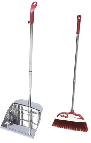 CIYODO Stainless Steel Broom and Dustpan Set Heavy Duty Push Broom Long Handle Dustpan Soft Bristle Sweeping Brush for Home Cleaning Red Color