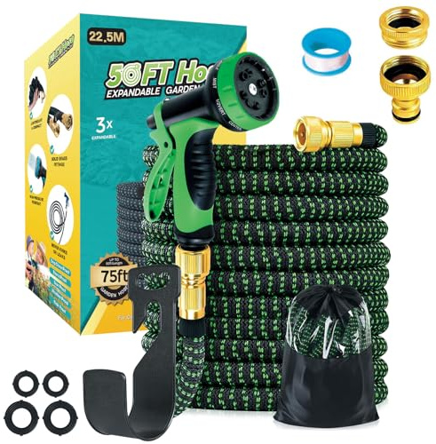 Funnity Gartenschlauch Flexibel 22.5M,Garten Wasserschlauch mit 10 Funktionen,Strapazierfähiger 3 Lagiger Latex Wasserschlauch 3/4 Zoll und 1/2 Zoll Metallanschlüsse,Grün Flexibler Gartenschlauch