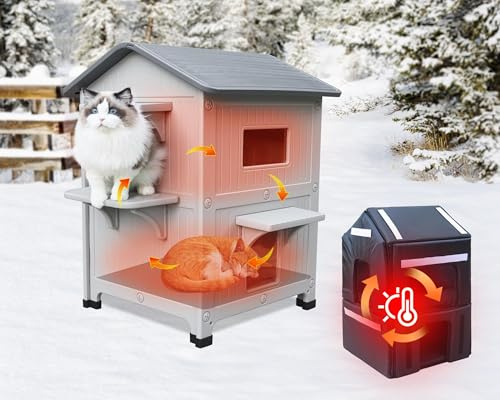 Casa para gatos de 2 pisos al aire libre con forro aislado, casas al aire libre para gatos de plástico, refugio exterior para gatos resistente a la intemperie con puerta de escape