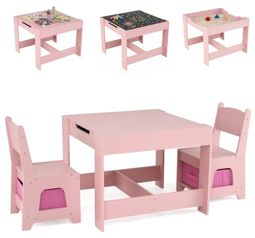 GYMAX Kids Table and Chair Set, Children Activity Table with 2 Chairs, Detachable Double-Side Tabletop & Storage Drawers, 3 Pcs Toddler Furniture Set for 3 Years Old+ Boys Girls