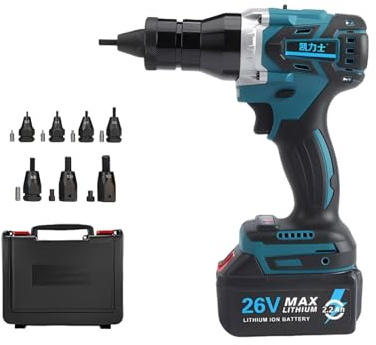 Kit Profesional Remachadora inalámbrica automática, batería 26V 6600 mAh, pinza remachadora y kit remachadora portátil para tuercas M3–M12(2.2Ah)