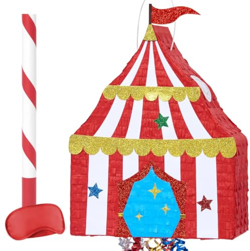 WERNNSAI Circus Tent Pinata with Stick Blindfold Carnival Party Decorations | Circus Birthday Decorations Carnival Party Supplies Supports Hit or Pull Two Ways Hold 3lbs Fillers