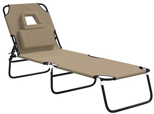 Fisinber Tumbona plegable de jardín con 5 posiciones ajustables, tejido Oxford y estructura de acero, tumbona de tres patas con apertura facial y almohada, 189 x 56 x 83 cm, color topo