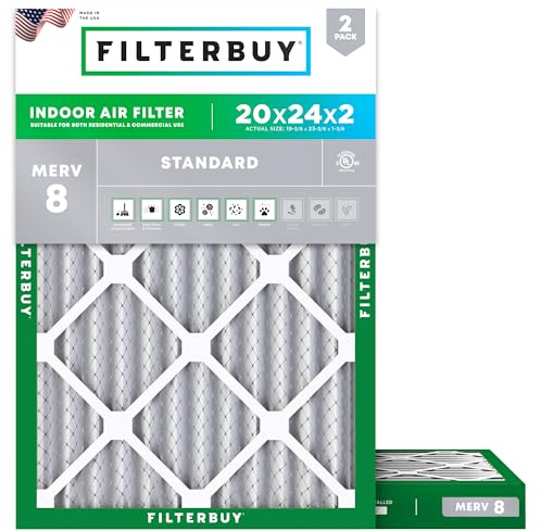 Filterbuy 20x24x2 Air Filter MERV 8 Dust Defense (2-Pack), Pleated HVAC AC Furnace Air Filters Replacement (Actual Size: 19.38 x 23.38 x 1.75 Inches)