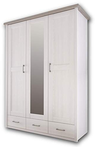 Stella Trading Stella Trading Eleganter Kleiderschrank im Landhausstil 3-türig - Vielseitiger Drehtürenschrank mit Spiegeltür in Pinie weiß / trüffel - 148 x 201 x 62 cm (B/H/T)