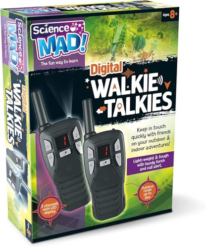 Science Mad - Digital Walkie Talkies For Kids - For Fun Indoor and Outdoor Explorations - Features Portable, Lightweight, 3 Channels, 3km Range, Alerts, Night Light, LED Display, 6+ Years