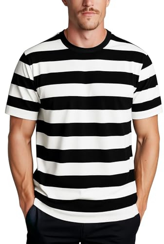 Zengjo Black and White Striped Shirt Men Crewneck Wide Stripe Tee Shirts Short Sleeve(Black/Off White,M)