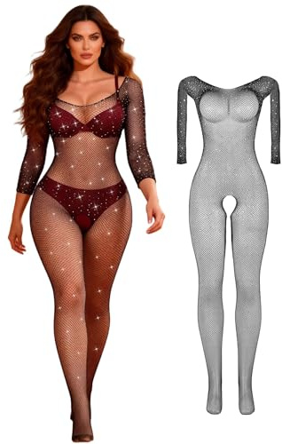 ohyeahlady Body a rete a rete a Maniche Lunghe Body Plus Size Body Teddy con strass(XS-M,Nero)