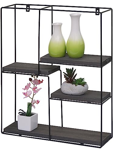 Mendler Wandregal HWC-K76, Hängeregal Schweberegal Regal, 4 Regalböden Metall Massiv-Holz Industrial 51x40x11cm - dunkelgrau