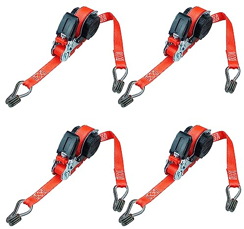 PETEX Lot de 4 Sangles d'arrimage à cliquet automatiques, 1 pièce, 5 m x 25 mm, 350/700 daN, Rouge, Double Crochet