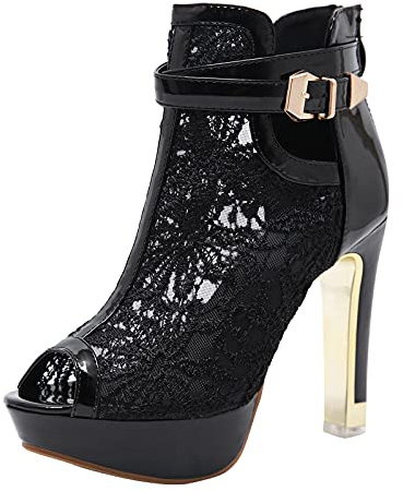 QWUVEDS Stiletto High Heels Black High Heels Casual Lace Sandals Flowers High Women Attractive Rising Women Heel Hollow Zip Shoes Mesh Women Sandals Sea Shoes, black, 5 UK
