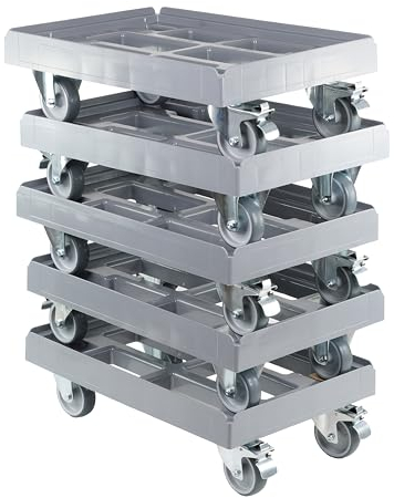 5 Stück Transportroller für Kisten 60 x 40 cm mit 2 Bockrollen und 2 Bremsen in grau