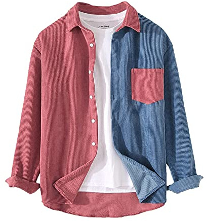 GREGG Men's Corduroy Shirt Vintage Colorblock Long Sleeve Lapel Collar Button Down Shirt Jackets with Pockets(Orange,Medium)