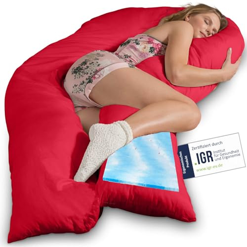 Traumreiter Seitenschläferkissen Visco XXL langes & hohes Hybrid Wendekissen mit Memory Foam [orthopädisch] + Watte Seite. Schwangerschaftskissen zum Schlafen Komfortkissen mit Bezug Baumwolle Rot