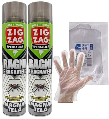 ZigZag Magnatela Insetticida Ragni, Azione Residuale, Efficacia Immediata, Protezione Elevata, Facile Utilizzo, Evita Formazione Ragnatele, 600ml+OMAGGIO 100pz Guanti HDPE Monouso (2 Spray+1CF Guanti)