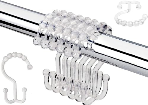 Resze 12 PCS Clear Plastic Double Shower Curtain Hooks, Multi-Functional Rings for Bathroom Shower Curtain,Shower Curtain Liner and Kitchen Supplies, etc.
