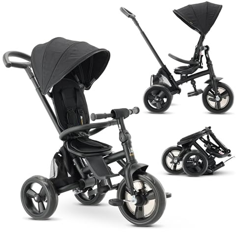 Deryan Tricycle Bébé Explorer de 9 Mois à 25 kg, Draisienne Évolutif, Velo Poussette, Trike Bebe, Facile À Plier, Pliable, Capote dépliable avec Pare-Soleil, Siège Réversible, Rangement, Noir