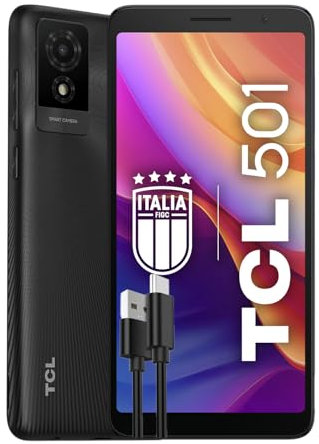 TCL 501 - Smartphone 4G 32 Go, 2 Go RAM, Écran 6 qHD, Android 14 Go Edition, Appareil Photo 5Mp, Batterie 3000 mAh, Dual Sim, Batterie Plus Chargeur USB-C Ajouté, Gris Foncé