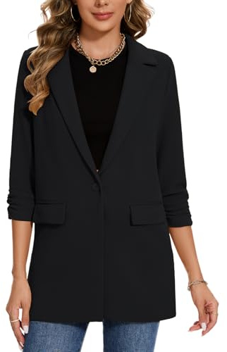 MINTLIMIT Lightweight Women’s 3/4 Sleeve Long Blazer Coat One Button and Flap Pockets Ideal for Work and Casual Wear (Black L)