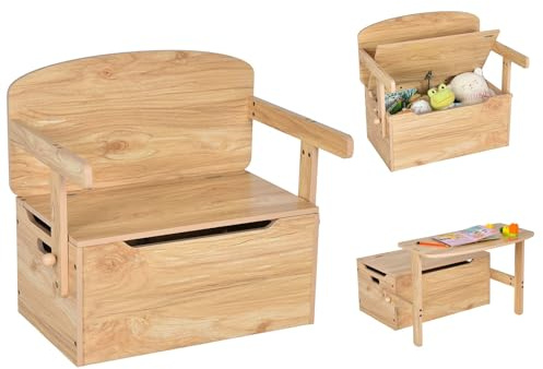 FANTASK Coffre à Jouets 3 en 1 - Table d'activité pour Enfants - en Bois avec Plafond et Espace de Rangement - Groupe de sièges pour Enfants de 3 à 7 Ans - 60 x 34 x 57 cm - Naturel