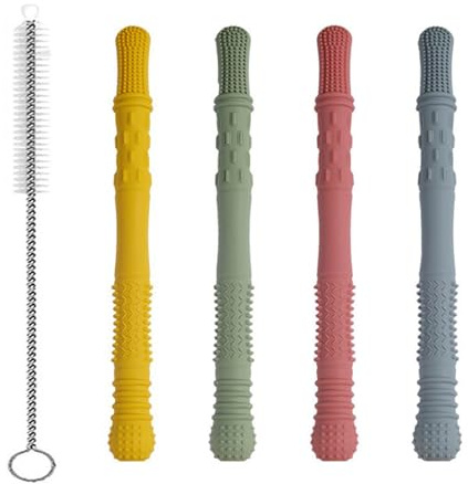 Chew Toys for Autistic Children 4 Pcs, Calming Sensory Chewy Toys for Autism, ADHD & SPD, Food-Grade Silicone Chew Buddy (162mm) with Cleaning Brush, Stress Relief & CE Certified (Group 2)