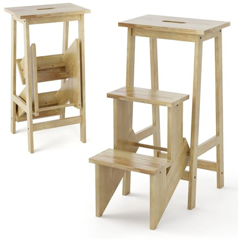 COSTWAY Tabouret Escabeau en Bois d'Hévéa Pliant, Marchepied 3 Marches, Escabeau Multifonctionnel avec Marches Réversibles, Portable, 57 X 41 X 76 cm, Capacité 310 kg (Naturel)