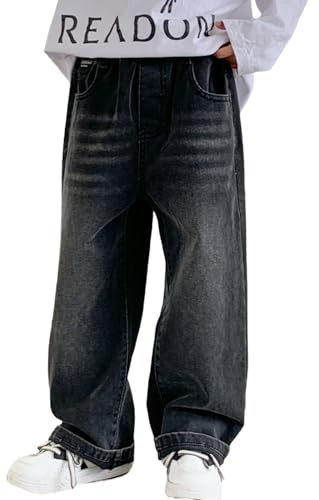 Rolanko Boys Baggy Jeans Elasticated Waist Cargo Wide Leg Skater Jeans with Multipockets Vintage Streetwear Denim Pants for Kids, Black, 170, 13-15 Years
