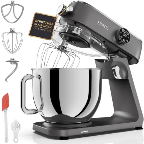 Fentic Batidora Amasadora 1800W, Con Bol 7L para Hornear, Mixer con Alloggiamento in Alluminio, Con Batidor, Gancho Amasador y Gancho para Mezclar - Incluye y Accesorios Adicionales