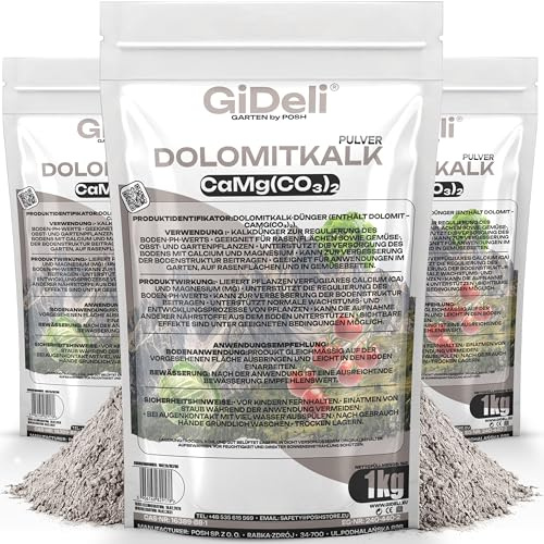 GiDeli Dolomitkalk 3x1 kg – Gräskalk för vårpuder: Höjer jordens pH-värde – Trädgårdskalk för bättre jordstruktur – Motverkar mossa, rik på kalcium och magnesium
