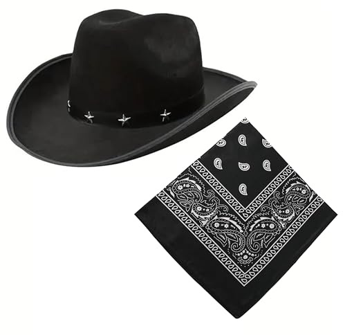 CATMEYE Black Cowboy Hat and Bandana Set, Western Sheriff Fancy Dress Costume Accessories for Men & Women, Wild West Party & Halloween