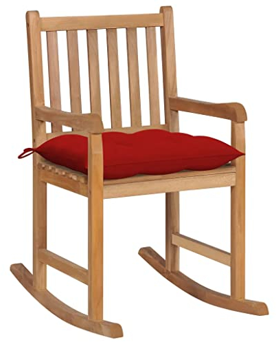 vidaXL Teak Massiv Schaukelstuhl mit Rotem Kissen Schaukelsessel Gartenmöbel Sessel Stuhl Relaxstuhl Gartenstuhl Schwingsessel Holzstuhl