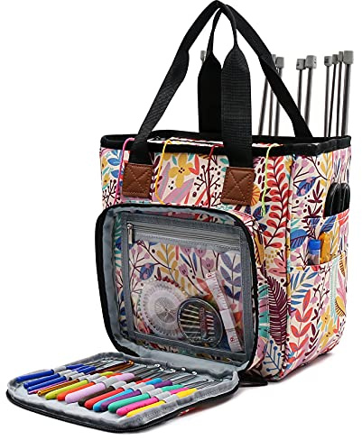SumDirect Borsa organizer per filati, per lavori a maglia, borsa portatile per fili, progetti di trasporto, ferri da maglia, uncinetti, manuali e altri accessori (foresta)