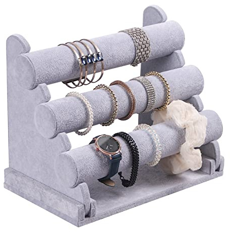 Justsoso 3 nivåer avtagbar armbandshållare, armband visningsstativ för show, hårbundet band smycken organiserare, klockställ för hem eller försäljning (grå sammet)