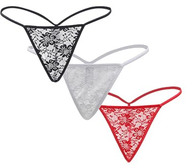 ohmydear Women's Floral Lace Micro Thongs Pack of 3 Sexy Low Waist G-String Knickers Stretchy T-Back Tangas Underwear Set Multipack Plus Size No Show Panties UK 16