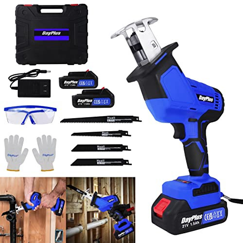 AutoBaBa Sierra Sable Inalámbrica, 21V, 2 Baterías 1.5Ah, Velocidad Variable 0-3000 RPM, 4 Hojas de Sierra, Luz LED, para Cortar Madera y Metal