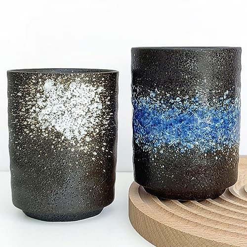 NIUKOMY Taza de Té Japonesa, Set de 2 Tazas de Té de Porcelana Chino, Taza sin Asa de Cerámica, Negro, 275 ML