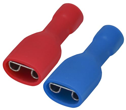 Heschen 6,3 x 0,8 mm, röd för 0,5–1,5 mm² (22–16 AWG), blå för 1,5–2,5 mm² (16-14 AWG), 100-pack