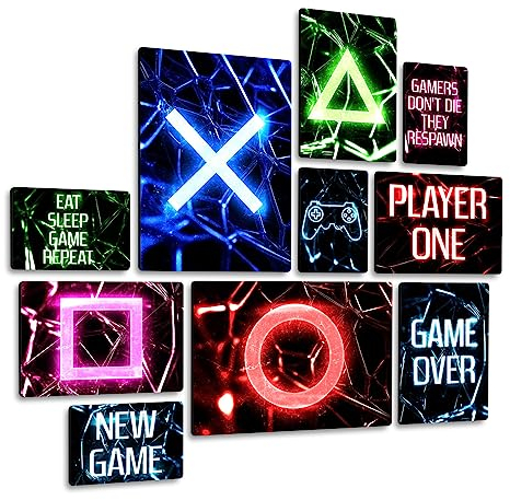 Giallobus - Set 10 Quadri Multi Pannello - Neon Gaming - Legno MDF - | 2 x 42x29,7cm | 4 x 29,7x21cm | 4 x 21x14,85cm | - Pronti da Appendere - Quadri Moderni per la casa