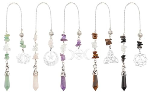 GOAMKERER 5 Pièces Pendule en Pierres Précieuses Naturs, 5 Styles Cristal Pendule de Radiesthésie Reki Pierres Précieuses Puces Pendule pour Femmes Homme Divination Wicca Méditation
