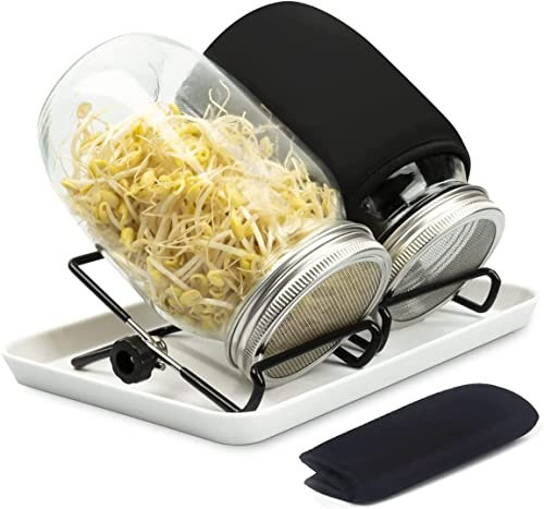 HZIYOU Kit de tarros de germinación, tarros Mason de boca ancha, con tapas de brotes, tapas de enlatado premium, mangas opacas, bandeja, soporte y cepillo de enlatado para cultivar frijoles