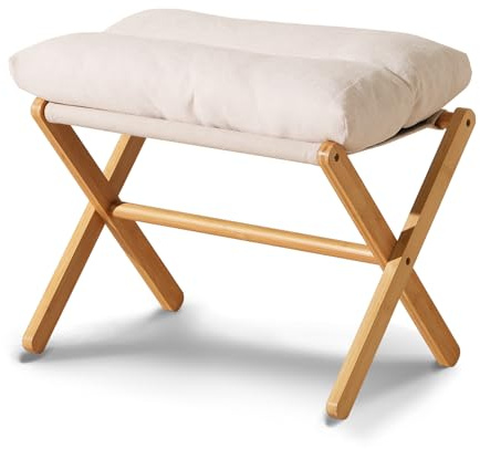 Baveke Ottoman Foot Rest- Bamboo Foldable Stool, Foot Stools Small Ottman with Upholstered & X Legs, Folding Stool for Makeup, Bedroom and Living Room (Large Beige)