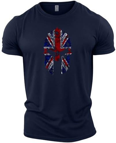 GYMTIER Spartan Helmet Union Jack Men's Gym T-Shirt Bodybuilding Training Workout Lifting Top Clothing, Navy, XXL