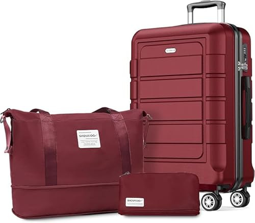 SHOWKOO Valigia Media Rigida 67cm Trolley Bagaglio a Mano Ultra Leggero ABS+PC Espandibile Durevole Set Valige Trolley da Viaggio Chiusura TSA con Borsa da Toilette e Borsa da Viaggio, Rosso